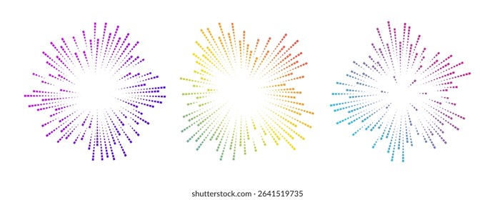 Abstract soundwave designs in circular shapes. Three vector colorful wave patterns radiate outward, representing sound and music concepts