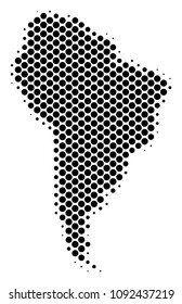Abstract South America map. Vector halftone geographical plan. Cartographic pixelated composition. Schematic South America map is constructed of regular circle dot pattern.