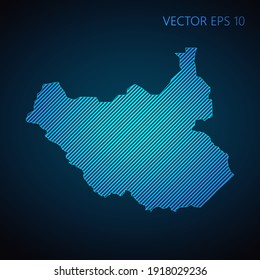 Abstract South Sudan map template made from blue diagonal lines on dark background. Vector illustration EPS10.