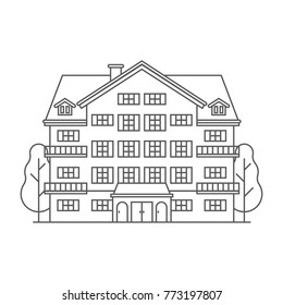 Abstract spa and ski resort icon in line art design. Monoline winter mountain hotel linear vector outline illustration. Snowy holiday inn building isolated on white background.