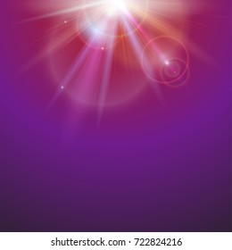 Abstract space background with beams on colored background. Bright light effect, sun rays and lens flare backdrop with copy space. Glow light effect, star burst with sparkles. Vector illustration