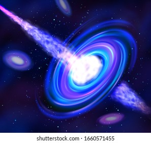 Abstract space background. Black hole shoots out plasma jets in outer space.