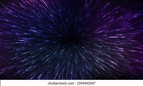 Abstract space background with blur motion lights. Futuristic cosmos illustration. Super speed concept. Glowing stars or comets moving from center to the edge with super fast motion effect.