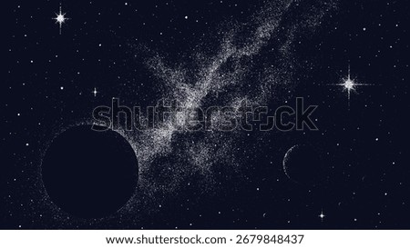 Abstract space background with dots, stars and planets. Dot space grain noise vector as concept design for website, banner or poster.