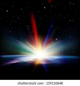abstract space background with earth stars and sunrise