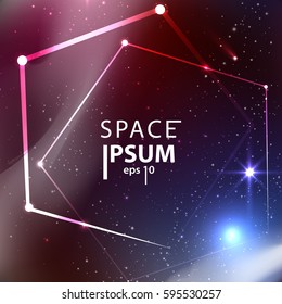 Abstract space background. Geometric shapes and glow. Shining stars and milky way. Cosmos illustration. Vector eps 10.