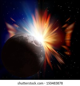 abstract space background with moon stars and sunrise