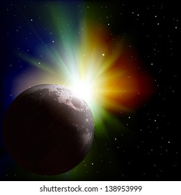 abstract space background with moon and sunrise