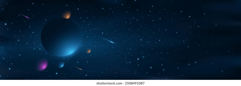 Abstract space background. Multicolored planets against the glowing stars. Universe cover design. Starry night sky with fallen star. Deep cosmos. Vector illustration.