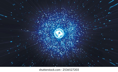 Abstract space background on a scientific astronomical theme. Dark background with stars and light in the middle. Sphere with of particles on a blue background. Dark background with sky and stars. Vec