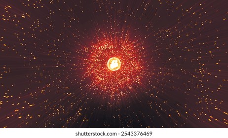 Abstract space background on scientific astronomy theme. Dark background with stars and light in the middle. Sphere with particles on dark background. Background with sky and stars. Vector illustratio