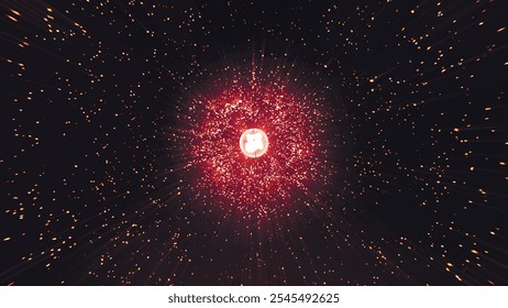 Abstract space background on scientific astronomy theme. Dark background with stars and light in the middle. Sphere with particles on dark background. Background with sky and stars. Vector illustratio