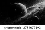 Abstract space background with planet and ring created in stipple art style. Minimalist universe illustration with dots for cosmic graphic design, celestial wallpaper and science art.