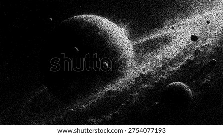 Abstract space background with planet and ring created in stipple art style. Minimalist universe illustration with dots for cosmic graphic design, celestial wallpaper and science art.