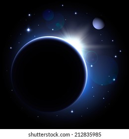 Abstract space background with planet, shining sun and stars. Vector illustration, eps 10.