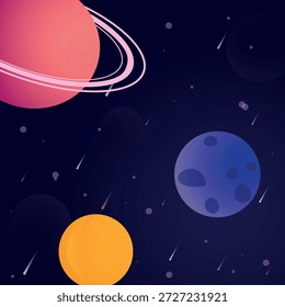 Abstrakter Weltraumhintergrund mit Planeten, Sternen und schießenden Meteoren