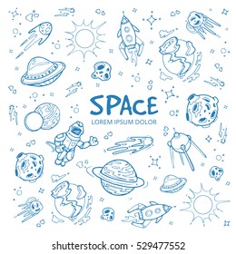 Abstract space background with planets, stars, spaceships and universe objects. hand drawn doodles vector illustration. Object in space planet rocket and spaceship