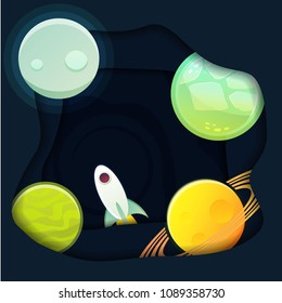 Abstract space background with plants, stars and rocket. background vector illustration