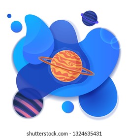 Abstract space background with plastic liquid gradient waves and planets. Vector modern illustration