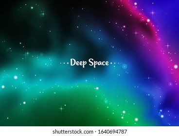Abstract space background with realistic cosmic nebula and stars. Bright cosmos with stardust. Night shiny starry sky of psychedelic colors. Vector template of banner, cover, poster or flyer.