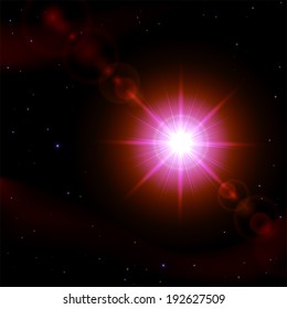 Abstract space background with stars and shining sun, illustration.