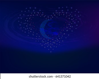 Abstract space background vector, fantasy galaxy deep space background with crescent moon inside the glowing heart in the night