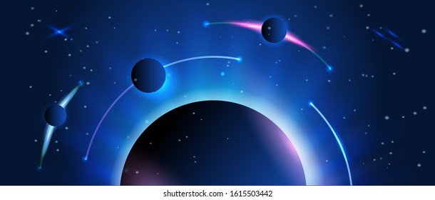Abstract space banner. Earth and planets with stars on the background. Astronomy and science. Use for info graphics or as an vector illustration. 