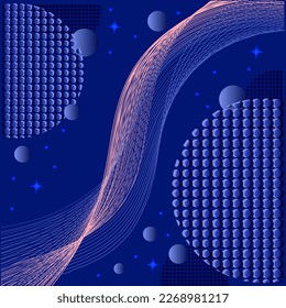 Abstract space blue background with gradient, wave, star, circles and geometric shapes. Design wallpaper, print, banner, social network, post, poster, brochure, cover, flyer. Vector image. 