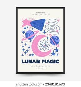 Abstract space and cosmos posters template. Modern trendy Matisse minimal style. Astronomy and Stellar decor. Hand drawn design for wallpaper, wall decor, print, postcard, cover, template, banner