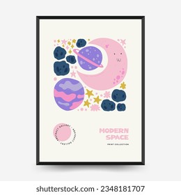 Abstract space and cosmos posters template. Modern trendy Matisse minimal style. Astronomy and Stellar decor. Hand drawn design for wallpaper, wall decor, print, postcard, cover, template, banner
