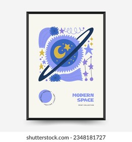 Plantilla de afiches de espacio abstracto y cosmos. Moderna moda Matisse minimalista. Astronomía y decoración estelar. Diseño dibujado a mano para papel de pared, decoración de pared, impresión, postal, cubierta, plantilla, banner