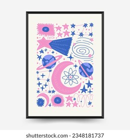 Abstract space and cosmos posters template. Modern trendy Matisse minimal style. Astronomy and Stellar decor. Hand drawn design for wallpaper, wall decor, print, postcard, cover, template, banner