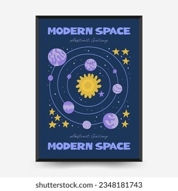 Plantilla de afiches de espacio abstracto y cosmos. Moderna moda Matisse minimalista. Astronomía y decoración estelar. Diseño dibujado a mano para papel de pared, decoración de pared, impresión, postal, cubierta, plantilla, banner