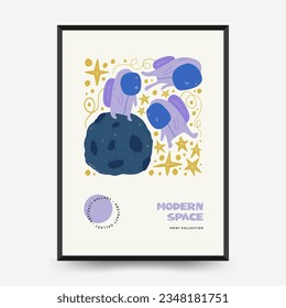 Plantilla de afiches de espacio abstracto y cosmos. Moderna moda Matisse minimalista. Astronomía y decoración estelar. Diseño dibujado a mano para papel de pared, decoración de pared, impresión, postal, cubierta, plantilla, banner