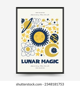 Abstract space and cosmos posters template. Modern trendy Matisse minimal style. Astronomy and Stellar decor. Hand drawn design for wallpaper, wall decor, print, postcard, cover, template, banner