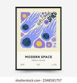 Abstract space and cosmos posters template. Modern trendy Matisse minimal style. Astronomy and Stellar decor. Hand drawn design for wallpaper, wall decor, print, postcard, cover, template, banner