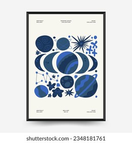 Abstract space and cosmos posters template. Modern trendy Matisse minimal style. Astronomy and Stellar decor. Hand drawn design for wallpaper, wall decor, print, postcard, cover, template, banner