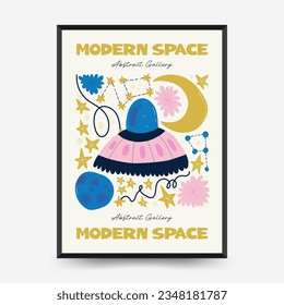 Abstract space and cosmos posters template. Modern trendy Matisse minimal style. Astronomy and Stellar decor. Hand drawn design for wallpaper, wall decor, print, postcard, cover, template, banner