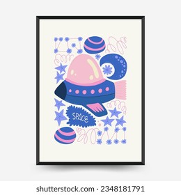 Abstract space and cosmos posters template. Modern trendy Matisse minimal style. Astronomy and Stellar decor. Hand drawn design for wallpaper, wall decor, print, postcard, cover, template, banner