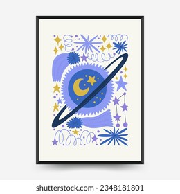 Abstract space and cosmos posters template. Modern trendy Matisse minimal style. Astronomy and Stellar decor. Hand drawn design for wallpaper, wall decor, print, postcard, cover, template, banner