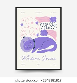Plantilla de afiches de espacio abstracto y cosmos. Moderna moda Matisse minimalista. Astronomía y decoración estelar. Diseño dibujado a mano para papel de pared, decoración de pared, impresión, postal, cubierta, plantilla, banner
