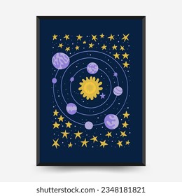 Abstract space and cosmos posters template. Modern trendy Matisse minimal style. Astronomy and Stellar decor. Hand drawn design for wallpaper, wall decor, print, postcard, cover, template, banner