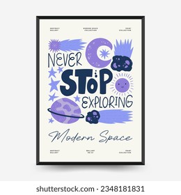 Abstract space and cosmos posters template. Modern trendy Matisse minimal style. Astronomy and Stellar decor. Hand drawn design for wallpaper, wall decor, print, postcard, cover, template, banner