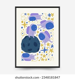 Abstract space and cosmos posters template. Modern trendy Matisse minimal style. Astronomy and Stellar decor. Hand drawn design for wallpaper, wall decor, print, postcard, cover, template, banner