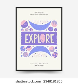 Plantilla de afiches de espacio abstracto y cosmos. Moderna moda Matisse minimalista. Astronomía y decoración estelar. Diseño dibujado a mano para papel de pared, decoración de pared, impresión, postal, cubierta, plantilla, banner