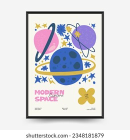 Abstract space and cosmos posters template. Modern trendy Matisse minimal style. Astronomy and Stellar decor. Hand drawn design for wallpaper, wall decor, print, postcard, cover, template, banner