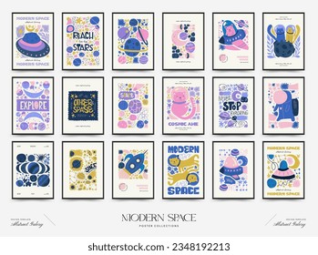 Abstract space and cosmos posters template. Modern trendy Matisse minimal style. Astronomy and Stellar decor. Hand drawn design for wallpaper, wall decor, print, postcard, cover, template, banner