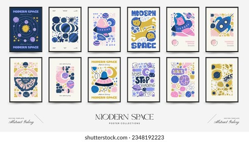 Abstract space and cosmos posters template. Modern trendy Matisse minimal style. Astronomy and Stellar decor. Hand drawn design for wallpaper, wall decor, print, postcard, cover, template, banner