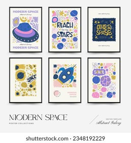 Plantilla de afiches de espacio abstracto y cosmos. Moderna moda Matisse minimalista. Astronomía y decoración estelar. Diseño dibujado a mano para papel de pared, decoración de pared, impresión, postal, cubierta, plantilla, banner