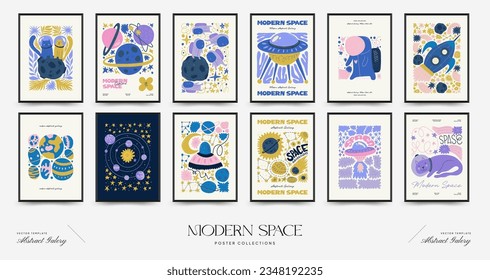 Plantilla de afiches de espacio abstracto y cosmos. Moderna moda Matisse minimalista. Astronomía y decoración estelar. Diseño dibujado a mano para papel de pared, decoración de pared, impresión, postal, cubierta, plantilla, banner